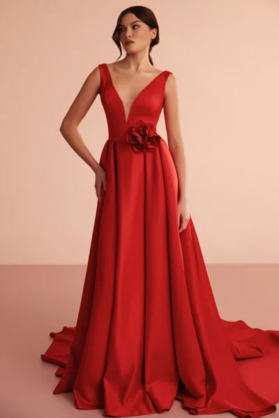Schlichtes Brautkleid in Rot, cleanes Brautkleid mit V-Ausschnitt, Vorderansicht in leuchtendem Rot, auch erhältlich in Ivory – ideal für kirchliche Hochzeiten oder Industrial Weddings in Hamburg und Lüneburg.