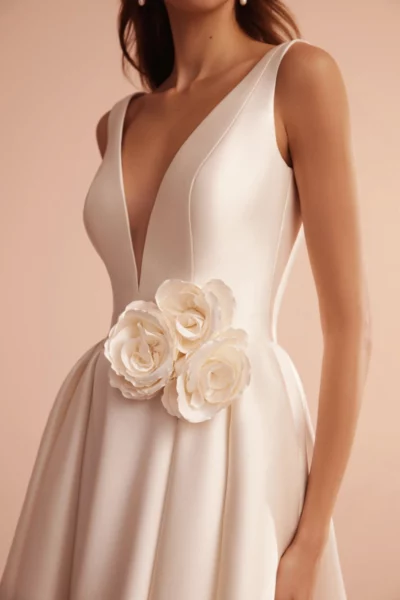 Schlichtes Brautkleid Prinzessinnen Stil mit V-Ausschnitt, Vorderansicht in Ivory – perfekt für kirchliche Hochzeiten oder Industrial Weddings in Hamburg und Lüneburg