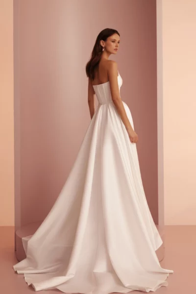 Schlichtes Brautkleid: ein cleanes Prinzessinnen Brautkleid in Ivory mit Herzausschnitt und praktischen Taschen, Rückansicht – ideal für kirchliche Hochzeiten oder Industrial Weddings in Hamburg und Lüneburg.