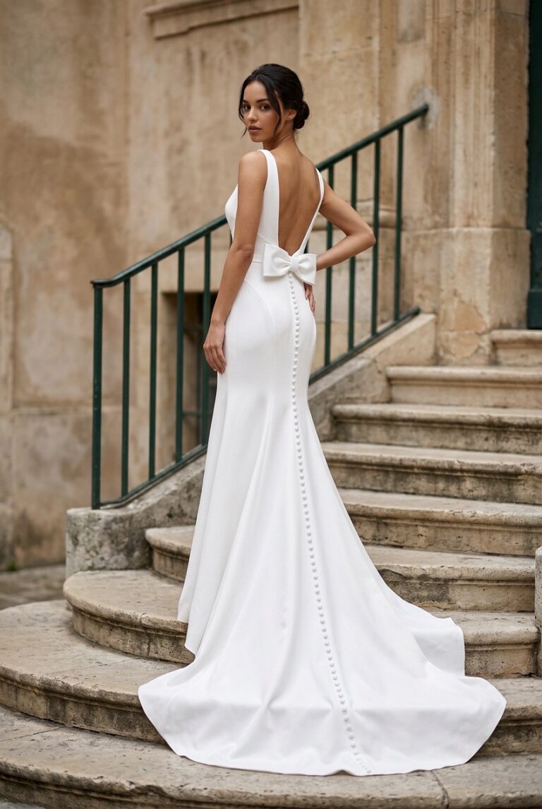 Schlichtes Brautkleid GWEN von Ellis Bridal London aus Crêpe mit Rundausschnitt, clean geschnitten, VeryNice Brautmode Winsen bei Hamburg